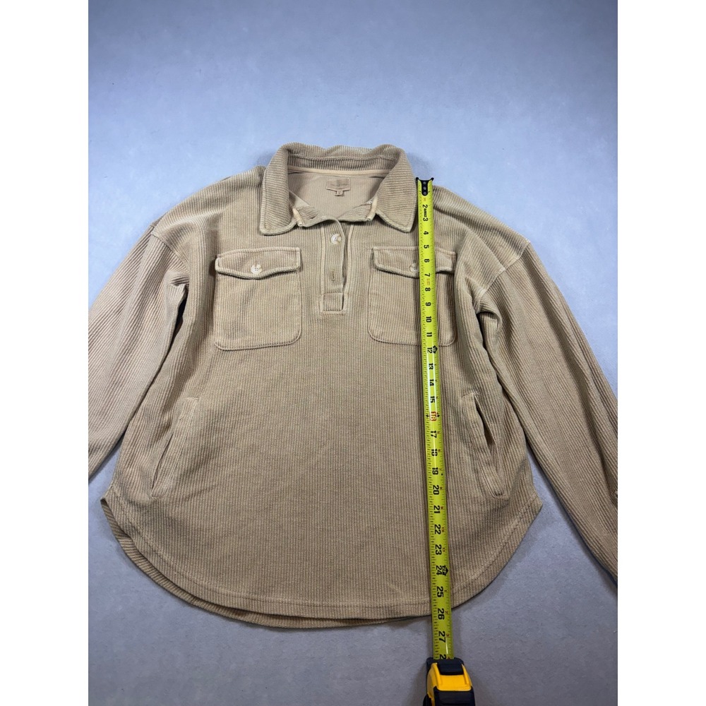 Mens Tan Corduroy Pullover Shirt Long Sleeve Button Placket Pockets Tan Large